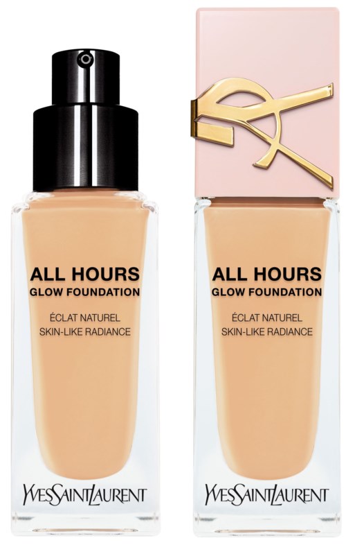 Zwei Flaschen Yves Saint Laurent All Hours Glow Foundation, eine mit schwarzem Deckel, eine mit rosa und goldenem Deckel.