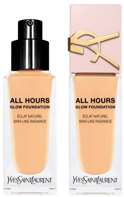 Zwei Flaschen Yves Saint Laurent Make-up Foundation mit schwarzen und rosa Verschlüssen, beschriftet 'All Hours Glow Foundation'.