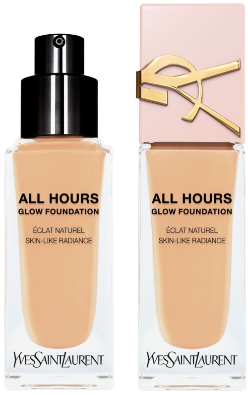 Zwei Flaschen YSL All Hours Glow Foundation, eine mit schwarzem Deckel und eine mit rosa Deckel. Beide Flaschen sind transparent.