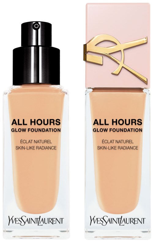 Zwei Flaschen Yves Saint Laurent Foundation mit 'All Hours' Aufschrift, eine mit schwarzem Deckel, die andere mit rosa und Gold-Logo.