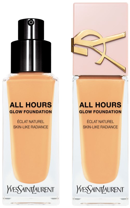 Zwei Flaschen Yves Saint Laurent Foundation mit schwarzem und pinkem Deckel, beschriftet 'All Hours Glow Foundation'.