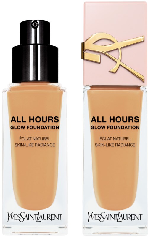 Zwei Flaschen YSL-Foundation, eine mit schwarzem Deckel und eine mit rosa Deckel mit goldenem Logo.