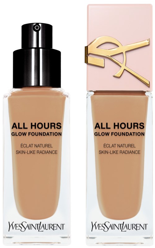 Zwei Flaschen Yves Saint Laurent Glow Foundation, eine mit schwarzem Deckel, die andere mit roséfarbenem und goldfarbenem Deckel.
