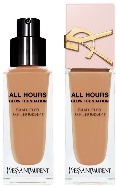 Zwei Flaschen Yves Saint Laurent All Hours Glow Foundation, eine mit schwarzem Pumpen und die andere mit rosa Deckel.