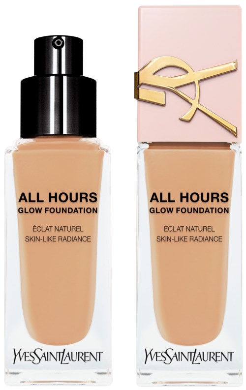 Zwei Flaschen YSL All Hours Glow Foundation, eine mit schwarzem Deckel und die andere mit rosa Deckel, mit Goldlogo.