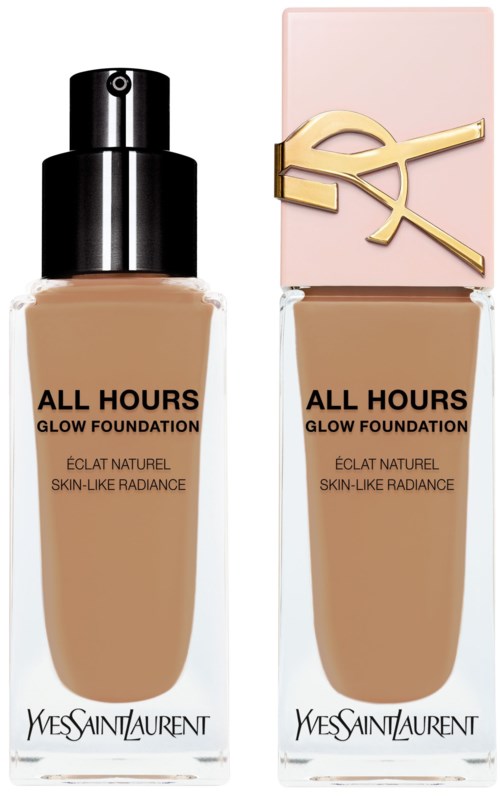 Zwei Flaschen Yves Saint Laurent Glow Foundation, eine mit schwarzem Pumpkopf, die andere mit rosa Deckel und goldenem Logo.
