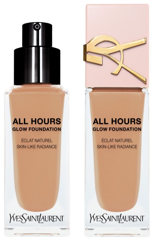 Zwei Flaschen Yves Saint Laurent All Hours Glow Foundation, eine mit schwarzer Spitze, eine mit rosa Deckel, beide beschriftet.