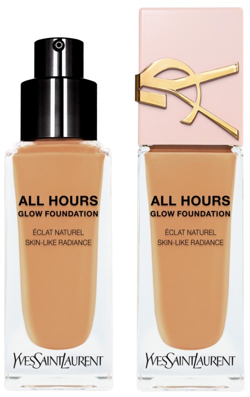 Zwei Flaschen YSL All Hours Glow Foundation, eine mit schwarzem Verschluss und eine mit rosa-goldenem Verschluss.