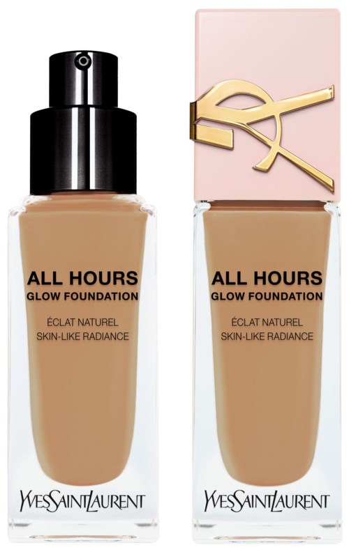 Zwei YSL All Hours Glow Foundation-Flaschen, eine mit schwarzem Deckel und eine mit rosa und goldfarbenem Deckel.
