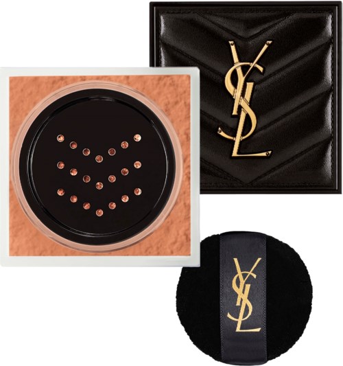 YSL-meikkipakkaus, jossa musta samettipappa ja meikkipakkaus, jossa on pilkkukuvio.