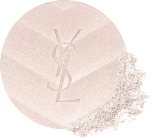 Yves Saint Laurent -logo työstetty kiiltokuvassa, irronnut irtonainen puuteri vuotaa.