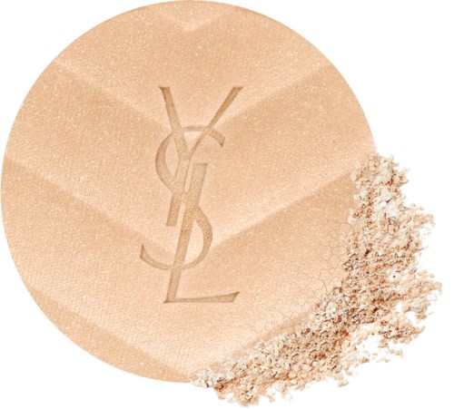 YSL-logo kompakti persikan värisellä pulverilla ja hiukan rikki.