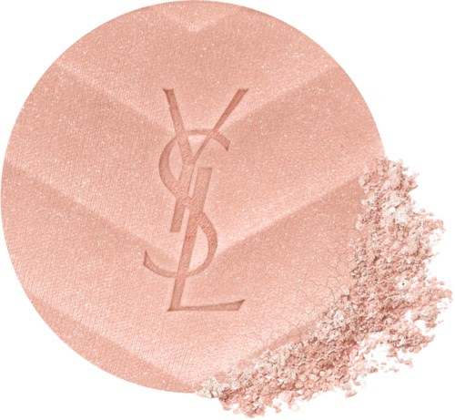 Ein pinker Kompaktpuder mit YSL-Logo, etwas Puder verteilt.