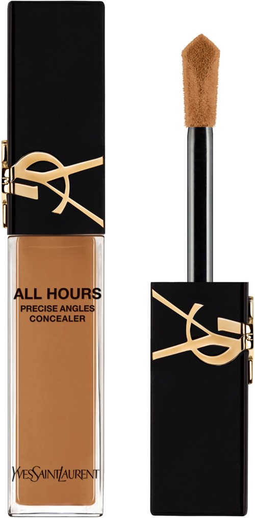 Concealer-Flasche mit schwarzem Deckel, beige Flüssigkeit im Inneren, Schwammapplikator und Yves Saint Laurent-Logo auf Verpackung.