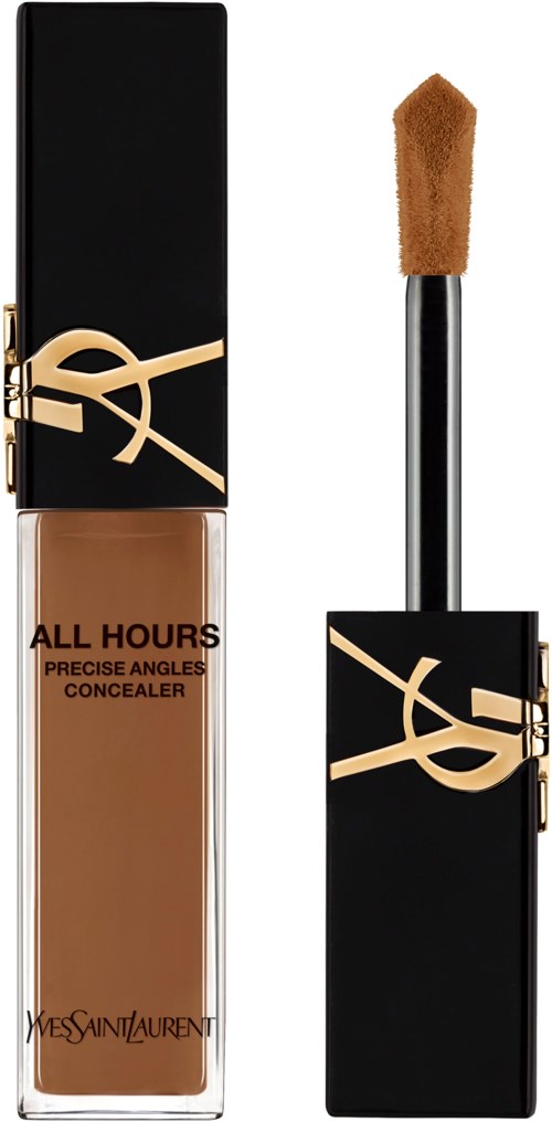 Eine YSL Make-up-Concealer-Flasche mit schwarzem Deckel, goldenem Logo und brauner Flüssigkeit im Inneren, mit Applikatorschwamm daneben.