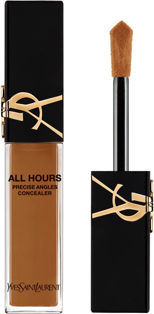 Ein YSL-Concealer-Flasche und Applikator mit schwarzer und goldener Verpackung, gekennzeichnet "All Hours" und "Yves Saint Laurent."