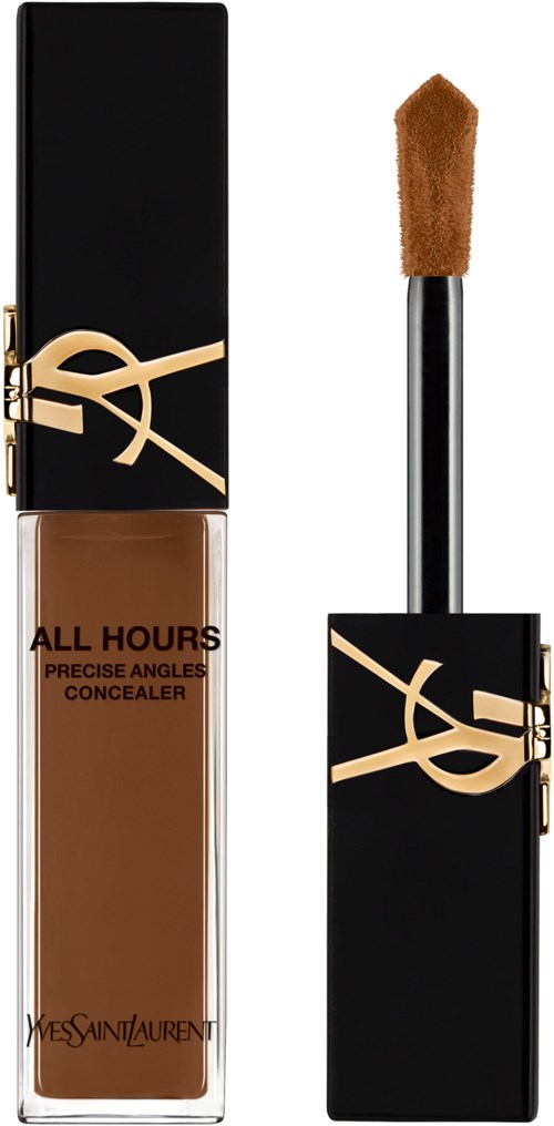 Ein YSL Lippenstift-Concealer mit schwarzem und goldfarbenem Gehäuse und einem braunen Schwämmchen.