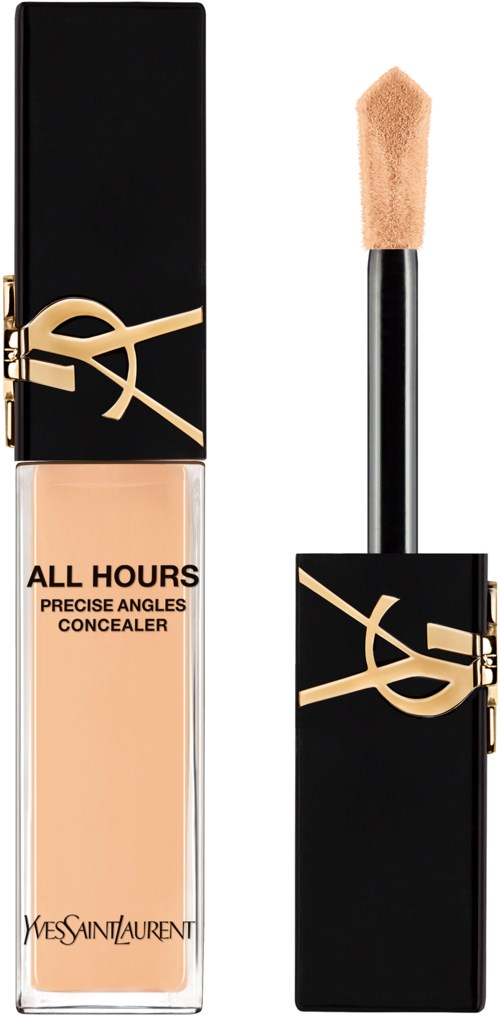 Ein Concealer in einer klaren Flasche mit beiger Flüssigkeit, schwarzen Deckel und goldenem YSL-Logo, mit Schwämmchen-Applikator.