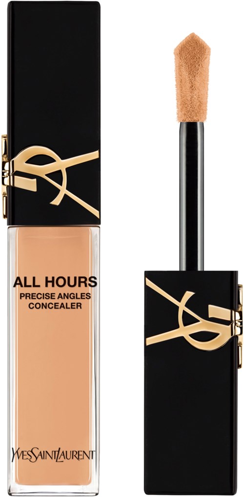 Eine YSL Yves Saint Laurent Abdeckflasche mit Applikator, schwarz-goldene Verpackung, und beigefarbene Flüssigkeit.