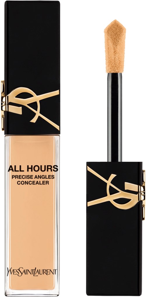 Ein beiger Concealer in einer Glasflasche mit schwarzem Deckel und goldenem YSL-Logo. Der Deckel hat einen eingebauten Schwammapplikator.