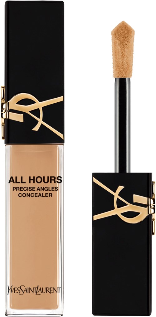 Abdeckflasche mit schwarzem Deckel, goldenem YSL-Logo, beige Flüssigkeit und Schwammapplikator.