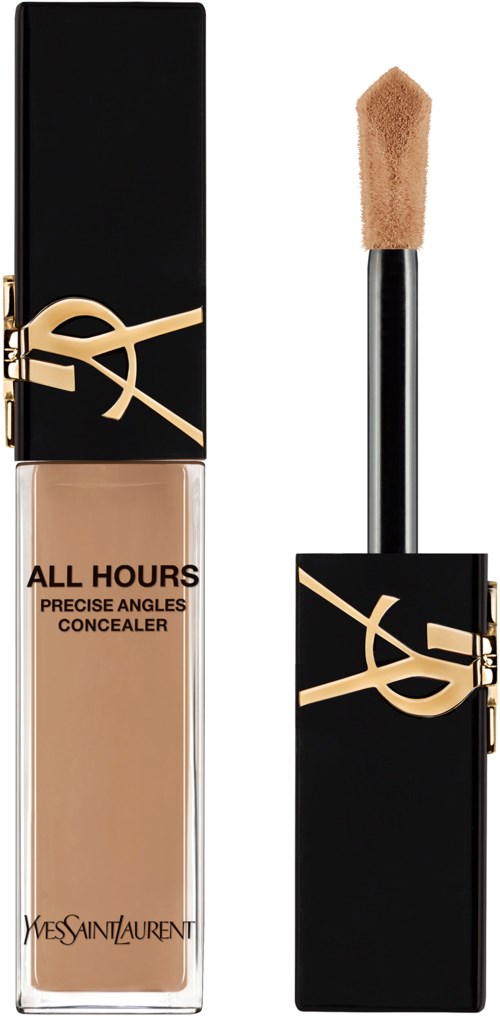 Eine YSL-Concealer-Flasche mit schwarzem Deckel, goldener Logo und Applikatorschwamm.