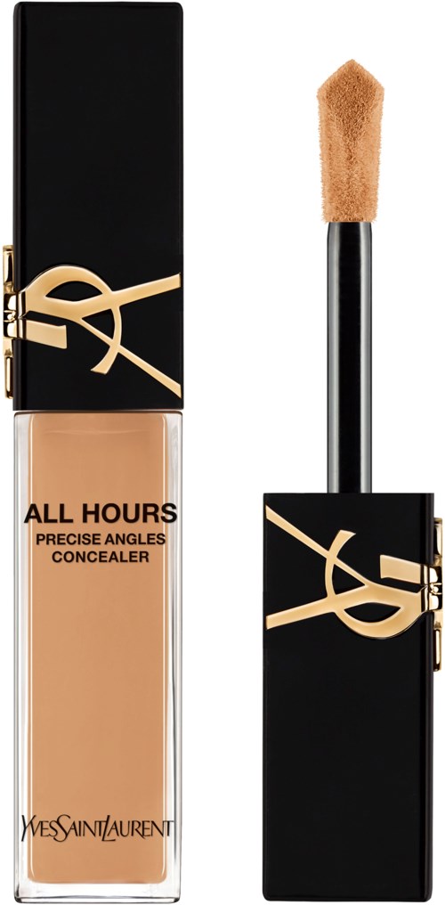 Eine Flasche YSL Yves Saint Laurent Abdeckstift mit einem beigefarbenen Applikator. Die Flasche ist schwarz mit goldenen Akzenten und Logo.