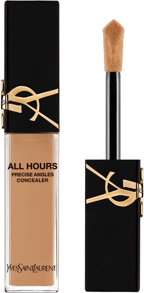 Eine YSL Yves Saint Laurent Concealer-Flasche mit schwarzem Deckel und beige Flüssigkeit sowie Applikator.
