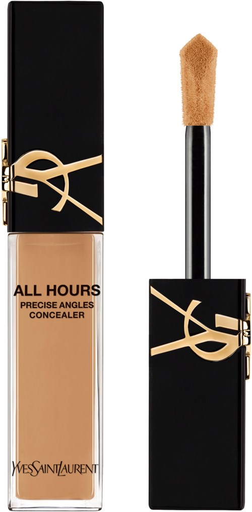 Concealer-Flasche mit schwarzem Deckel, goldenem YSL-Logo, beige Produkt. Schwammapplikator. Text: All Hours, Yves Saint Laurent.