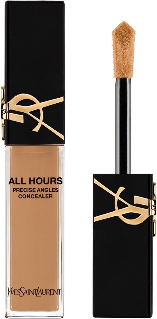 Yves Saint Laurent All Hours Concealer-Flasche mit Applikatorschaft außerhalb. Schwarzer Deckel und beigefarbene Flüssigkeit im Inneren.
