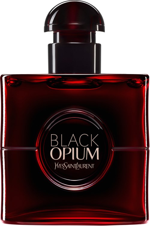 A dark red perfume bottle with a black cap, labeled 'Black Opium' by Yves Saint Laurent.
