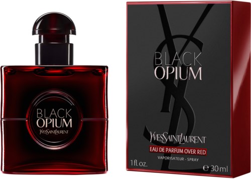 A dark red perfume bottle and a matching box with black and silver text, labeled 'Black Opium Yves Saint Laurent.'