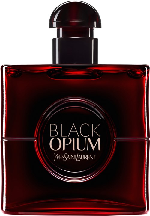 Een donkerrode parfumfles met zwarte dop, labeled 'Black Opium' door Yves Saint Laurent.