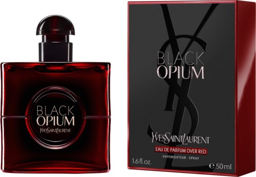 Een rood parfumpomp met een zwart deksel en een zwart doos met groot YSL-logo en tekst, voor Yves Saint Laurent.