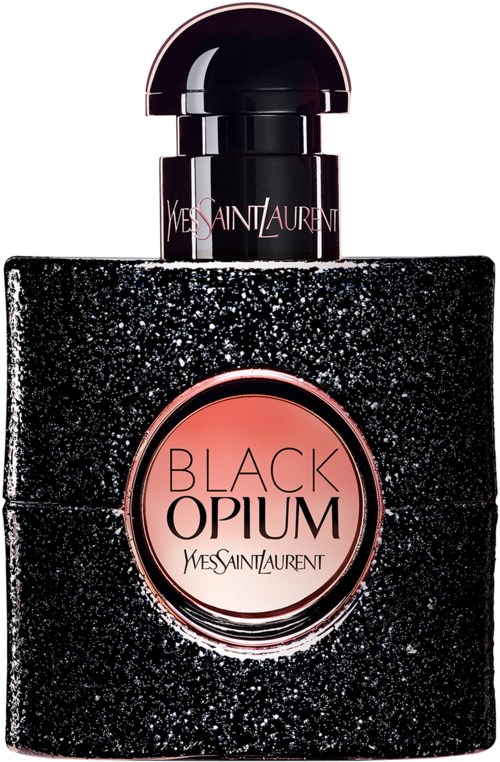 Black bottle with pink label says 'Black Opium' by Yves Saint Laurent. It has a shiny black cap.