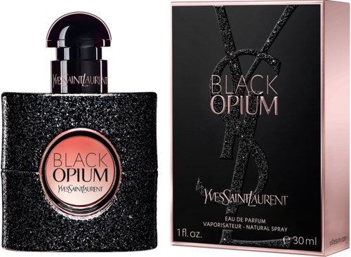 A perfume bottle and box for Yves Saint Laurent's Black Opium, with black and pink colors and a glittery design.