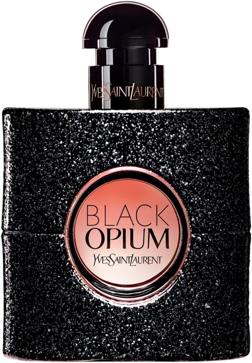 Een zwarte, glinsterende parfumfles met een ronde label met 'Black Opium' van Yves Saint Laurent.