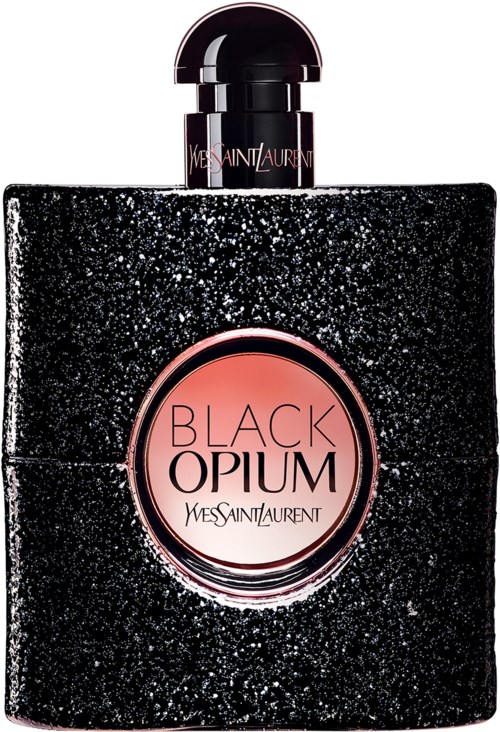 Eine schwarze glitzernde Parfümflasche mit rundem Logo und dunklem Deckel, mit "Black Opium" von Yves Saint Laurent.