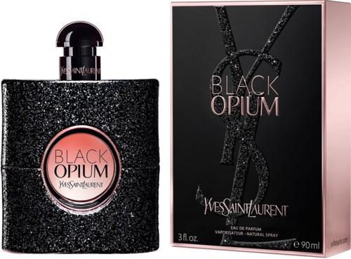 Ein Parfümflasche und Box für Yves Saint Laurents Black Opium, mit funkelnden schwarzen und pinken Designelementen.