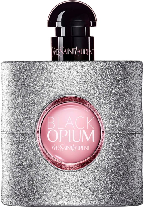 Ein Parfümflasche mit silbernem, glitzerndem Körper und rosa Etikett mit "Black Opium YSL."