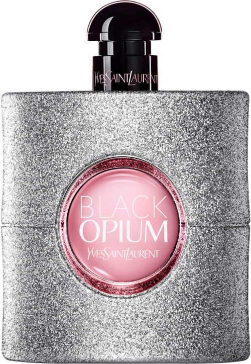 Ein Parfümflasche mit silbernem glitzernden Körper, pinkem Etikett und schwarzem Deckel von Yves Saint Laurent's Black Opium.