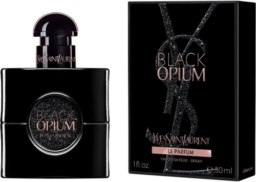 Een zwarte parfumfles met een ronde dop en een bijpassend doosje met een grote YSL-logo en de woorden 'Black Opium'.