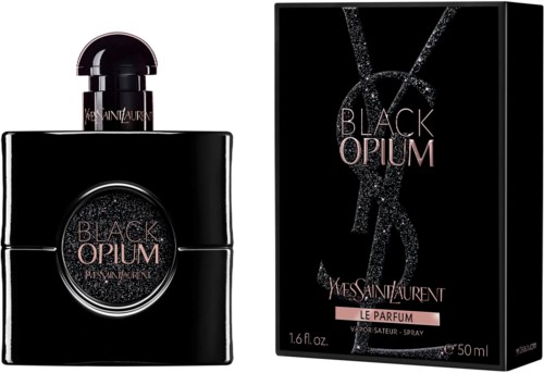 Een zwart parfumflesje met een ronde top en een zwart doosje met roze en grijze tekst, toont Yves Saint Laurent logo.
