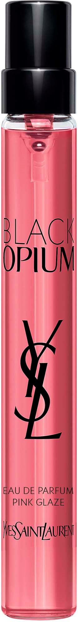 Pink parfymeflaske med svart sprayhette, YSL-logo og Black Opium Pink Glaze-tekst på svart bakgrunn.