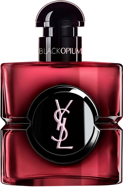 En rød parfymehåndflaske med svart kork og YSL-logo på forsiden.