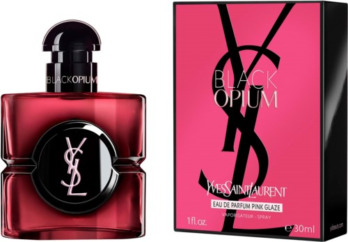 Yves Saint Laurent Black Opium rosa parfymeflaske og eske, med svart logo og rosa bakgrunn.