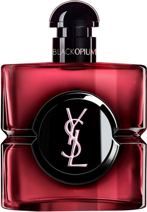 En rød parfymeflaske med svart hette og YSL-logo, glide-inndelingsdesign for Yves Saint Laurent Black Opium.