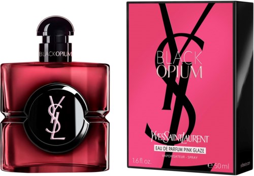 Black Opium Pink Glaze parfymeflaske og emballasje, rosa og svarte farger, Yves Saint Laurent-logo på etiketten.
