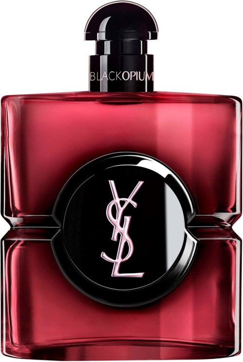 Yves Saint Laurent parfymeflaske med svart lokk og rosa-rødt innhold.