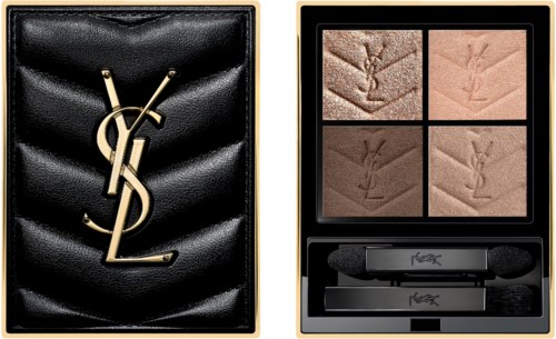 A black leather makeup compact with four beige eyeshadow shades and a black applicator. Gold YSL logo on the cover.